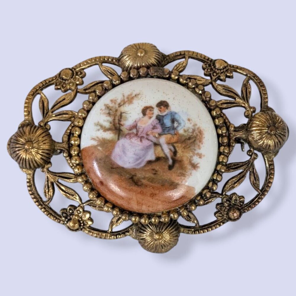 Vintage Painted Porcelain Portrait Brooch